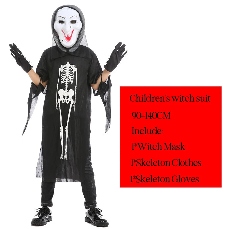 Halloween Scary Skeleton Ghost Cosplay Costume Masks Gloves Costume Suit Masquerade Carnival Horror Clothes for Adults Kids