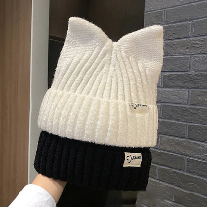 Cute Cat Ears Beanies For Women Autumn And Winter Warm Ear Protection Sweet Versatile Pullover Knitted Hats