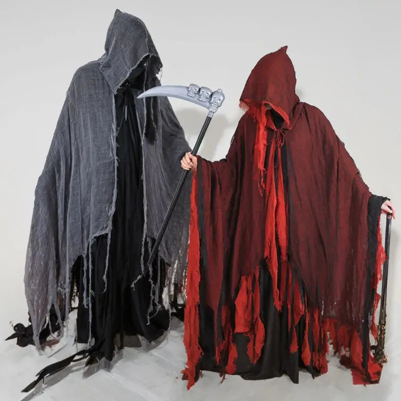Halloween Hooded Cloak Medieval Renaissance Gothic Wizard Cape Grim Reaper Cosplay Costume for Adult Scythe Weapon Prop