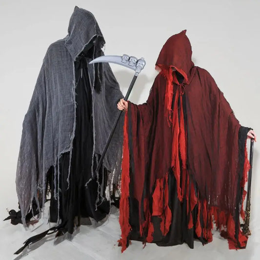 Halloween Hooded Cloak Medieval Renaissance Gothic Wizard Cape Grim Reaper Cosplay Costume for Adult Scythe Weapon Prop