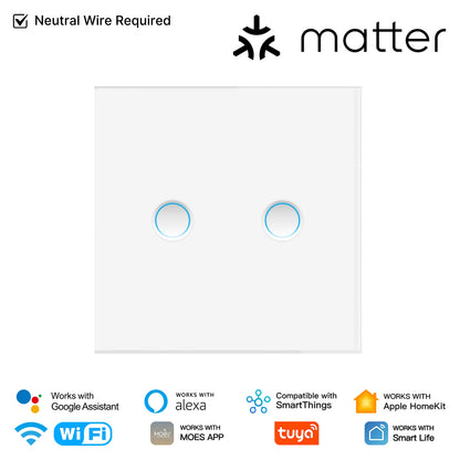MOES Matter Tuya WiFi Smart Concave Glass Panel Light Switch Neutral Wire Required Compatible with Alexa Google Home SmartThings