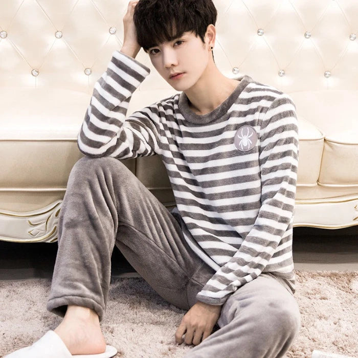 Autumn Winter Oversized Cartoon Print Pajamas for Men Letter Crew Neck New 2025 Men's Pajamas Set Fashion Soft Casual Homewear