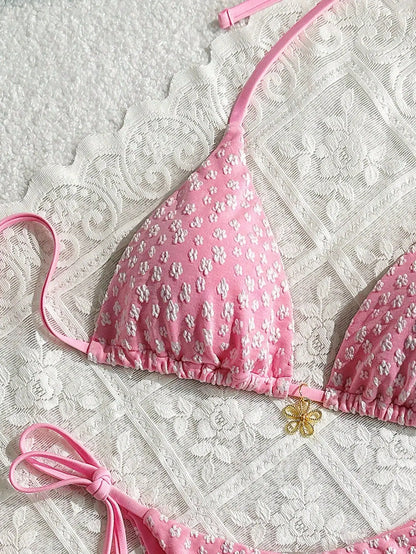 Pink Floral Print Two Piece Bikini Set 2025 Swimsuit for Women Halter Push Up Backless Beach Swimwear Micro Thong Bathing Suit