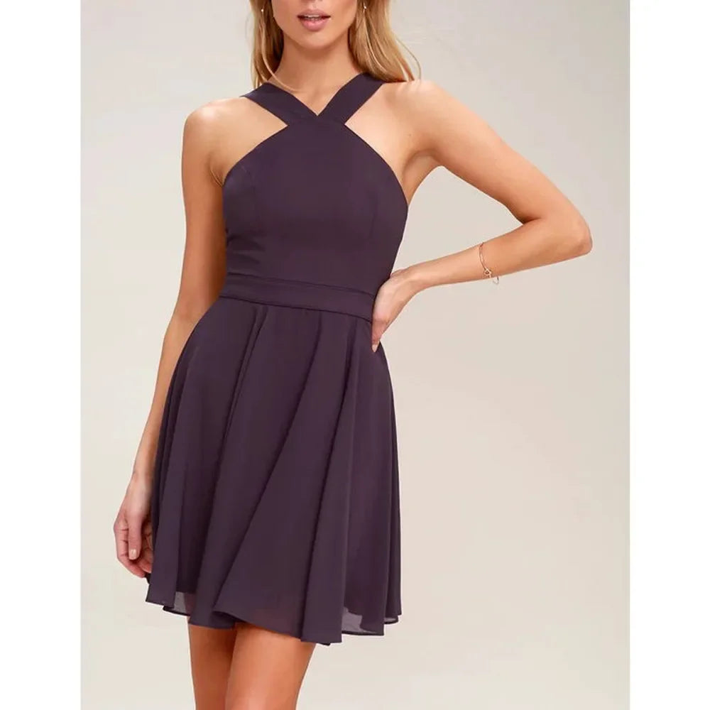 Women Sleeveless Backless Sexy Club Mini Dress 2024 Summer Party Strappy Back Zipper Solid Shift Halter Short Dresses