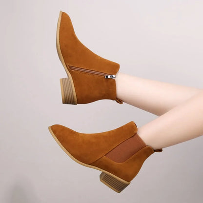 Women's Natural Suede Elastic Patch Low Heel Shoes Autumn and Winter Ankle Boots Square Toe Casual Short Boots Size 36-43