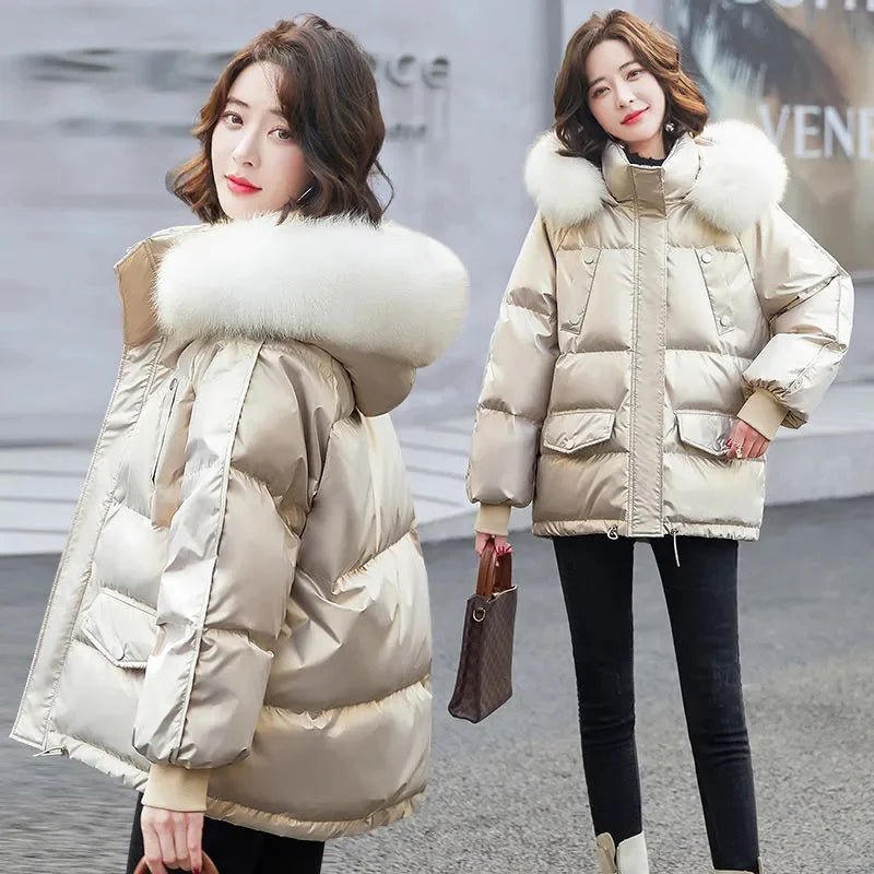 2025 Winter Fashion New Warm Duck Down Jacket Women's Clothes Glossy Fur collar Thicken Parka Short Down Coat Female Trend