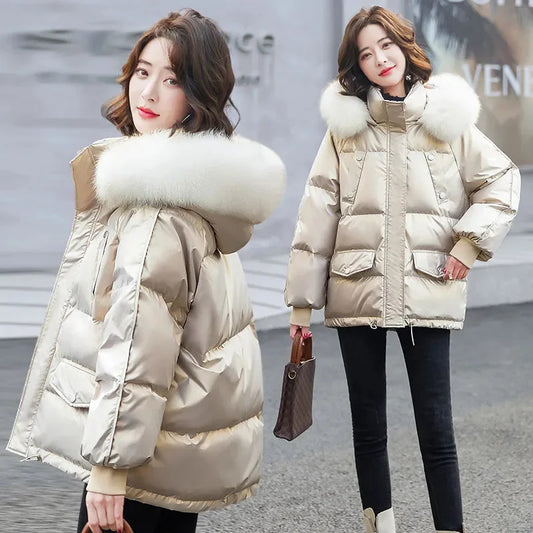2025 Winter Fashion New Warm Duck Down Jacket Women's Clothes Glossy Fur collar Thicken Parka Short Down Coat Female Trend