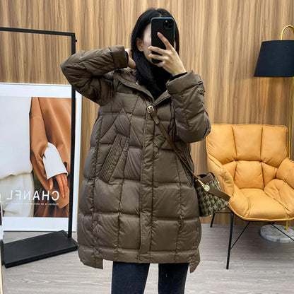 Winter Long 90% White Duck Down Jacket Women Hooded Zipper Puffer Coat Casual Warm Loose Puffer Feather Parka