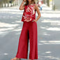 Bohemian Leaf Print Holiday Pants Set Round Neck Elegant Temperament Summer Sleeveless Top And Pants Hawaii Vacation Womenswear