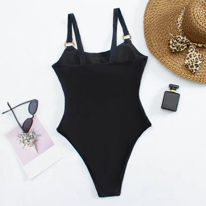 One-piece Women's Swimsuit Solid Color Square Neck Women's Bikini With Padded Elegant Hollow Design Beach Vacation Swimwear