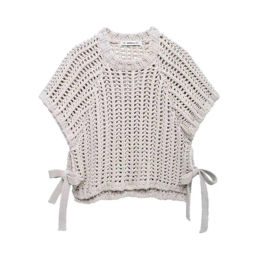 EDSA Women Chunky Knit Top with Side Straps O-Neck Short Sleeves Hollow Out Cropped Sweater Pullover for Casual Female