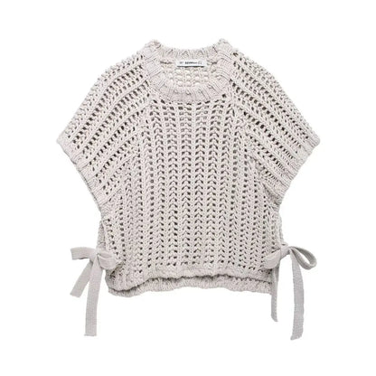 EDSA Women Chunky Knit Top with Side Straps O-Neck Short Sleeves Hollow Out Cropped Sweater Pullover for Casual Female