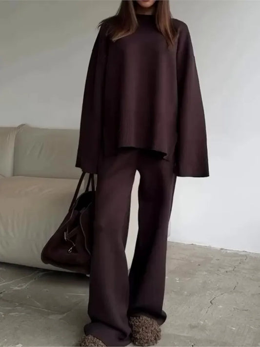 2025 Solid Color Knitted Sweater Two Piece Set Women Fashion Loose O Neck Knitting Pullover Trousers Sets Female Simple Style