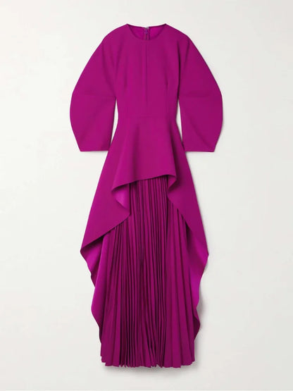 Yeezzi Elegant Solid Color Split-Joint Tiered Pleated Cocktail Dress Long Sleeves O-Neck Party Banquet Maxi Dresses 2025 New
