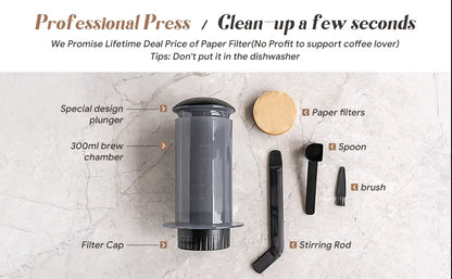 300ml AeroPress Machine Espresso Coffee Maker Portable Cafe French Press Coffee Pot With Filter Paper Kit Bar Set with Grinder