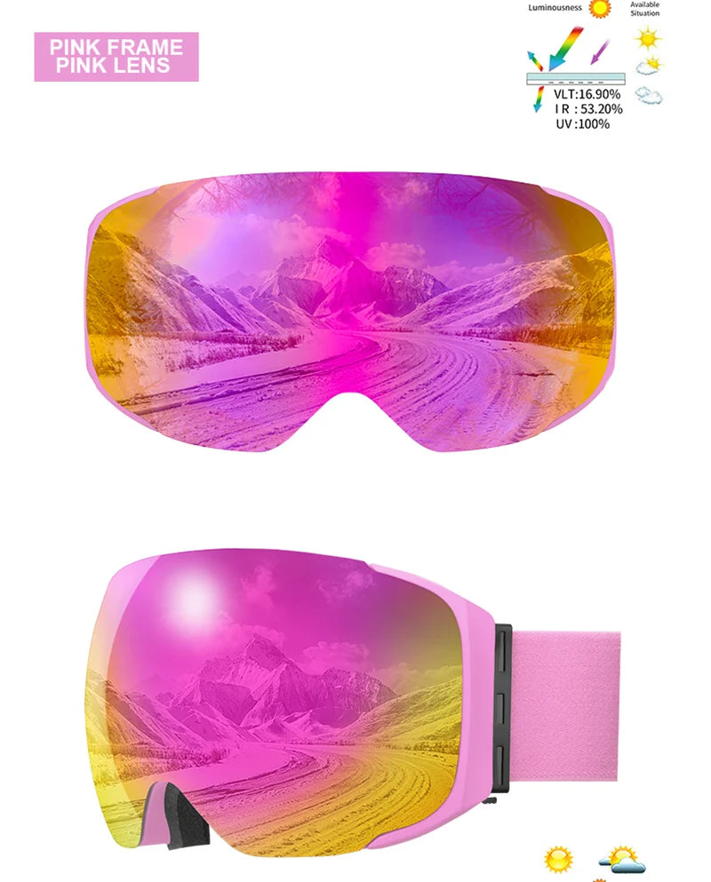 PHMAX Magnetic Ski Goggles UV400 Skiing Eyewear Anti-fog Lens Women Men Winter Outdoor Sports Mountain Snowboard Big Snow Goggle