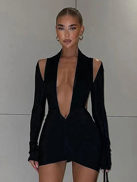 New Deep V Neck Long Sleeve Mesh See Through Sexy Backless Mini Dress Women Club Party Elegant Ruched Dresses Clothes