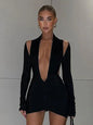 New Deep V Neck Long Sleeve Mesh See Through Sexy Backless Mini Dress Women Club Party Elegant Ruched Dresses Clothes