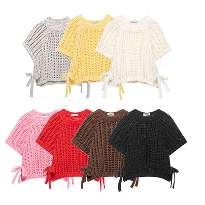 EDSA Women Chunky Knit Top with Side Straps O-Neck Short Sleeves Hollow Out Cropped Sweater Pullover for Casual Female