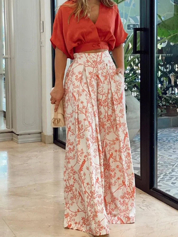 Solid Color V-neck Short Sleeved Floral Print Women's Wide Leg Pants High Street Fashion Daily Versatile Summer Set