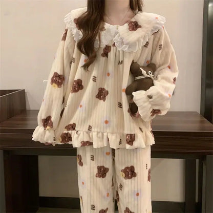 Ruffles Pajamas for Women Autumn Winter Peter Pan Collar Ruffle Sleeve Pajama Top and Elastice Waist Pants 2 Pcs Pajama Sets