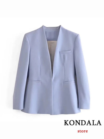 KONDALA Office Lady Light Blue Blazer Suits Women 2 Pieces V Neck Loose Jackets+High Waist Sashes Pants Fashion 2023 Autumn Sets