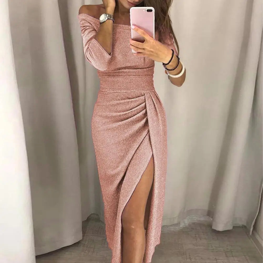 2025 Shiny Women Dress Bright Surface Sexy Off Shoulder Pleated High Waist Split Bodycon Dress Pleated Hip Wrap Evening Dress