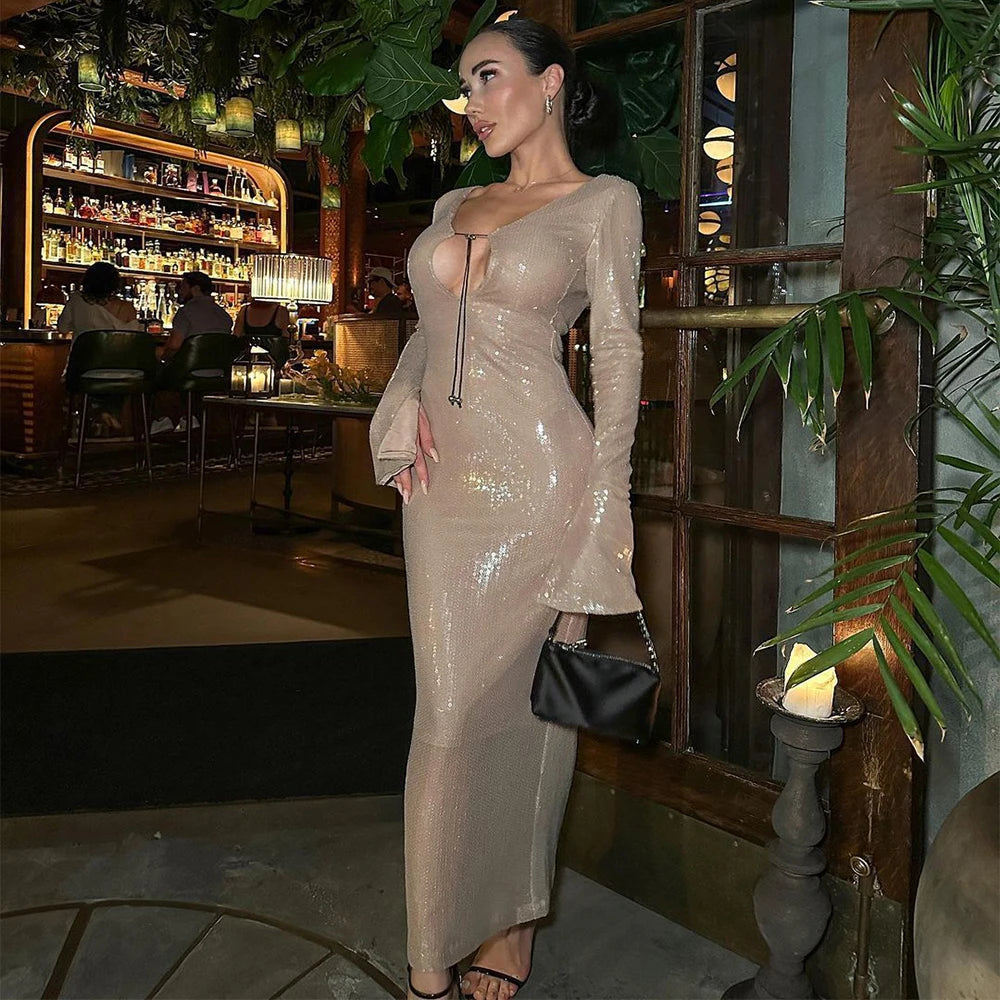 Elegant Deep V Sequin Long Sleeve Party Dress for Women Backless Lace Up Midi Dress Ankle Length Evening Dress Formal Gown Wear