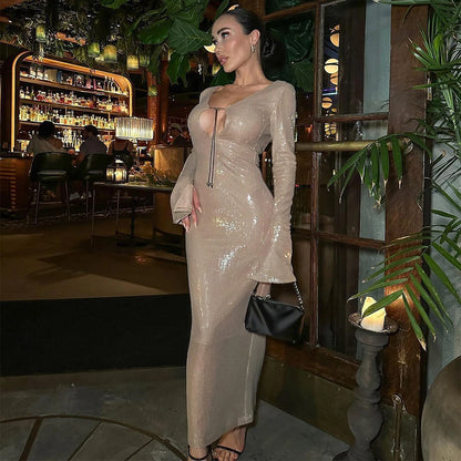 Elegant Deep V Sequin Long Sleeve Party Dress for Women Backless Lace Up Midi Dress Ankle Length Evening Dress Formal Gown Wear