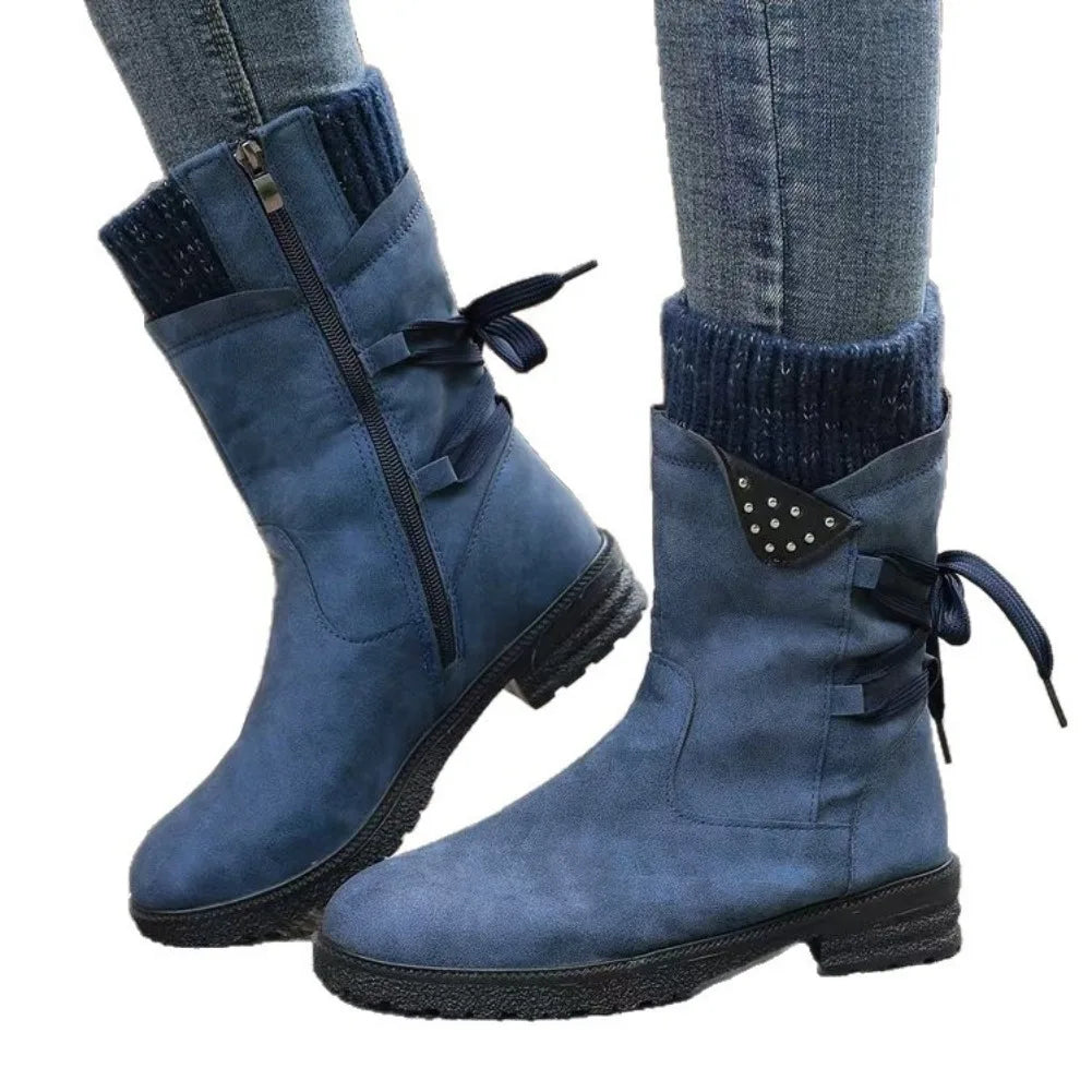 New Women Boots Autumn Winter New Knee High Shoes Large Tube Thick Heel Shoes for Women Strap Pleated Vintage Ankle Boots