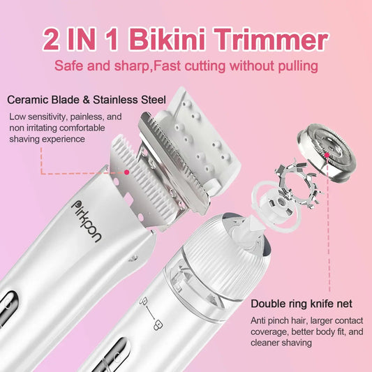 PIRKPON Rechargeable Dual-Head Shaver Women Hair Remover IPX7 Waterproof Bikini Trimmer Painless Electric Razor for Underarm Leg
