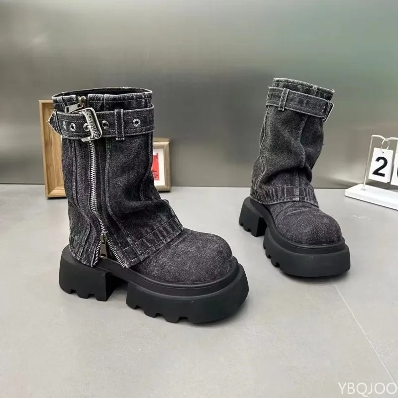 Spring and Autumn Fashion New Denim Thick Bottom Tall Women's Short Boots Belt Buckle Zipper Fake Two Piece Pants Women's Boots