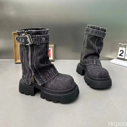 Spring and Autumn Fashion New Denim Thick Bottom Tall Women's Short Boots Belt Buckle Zipper Fake Two Piece Pants Women's Boots