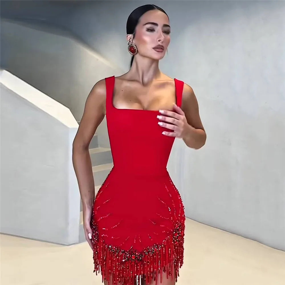 Women Sexy Sleeveless Bandage Dress Fashion Beading Tassel Clothes Club Party Bodycon Dresses