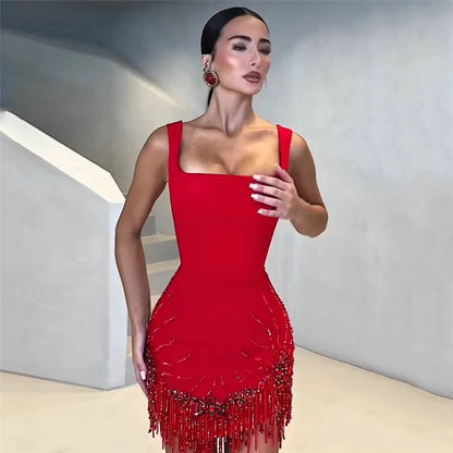 Women Sexy Sleeveless Bandage Dress Fashion Beading Tassel Clothes Club Party Bodycon Dresses