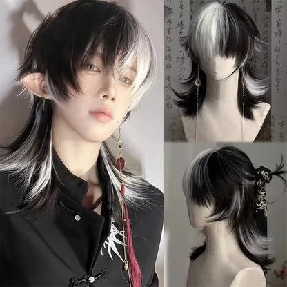 Mullet Head Wig Short Synthetic Straight golden black Fluffy Natural Wolf Tail Hair Men and Women Wig for Daily Party Cosplay