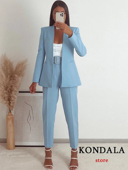 KONDALA Office Lady Light Blue Blazer Suits Women 2 Pieces V Neck Loose Jackets+High Waist Sashes Pants Fashion 2023 Autumn Sets
