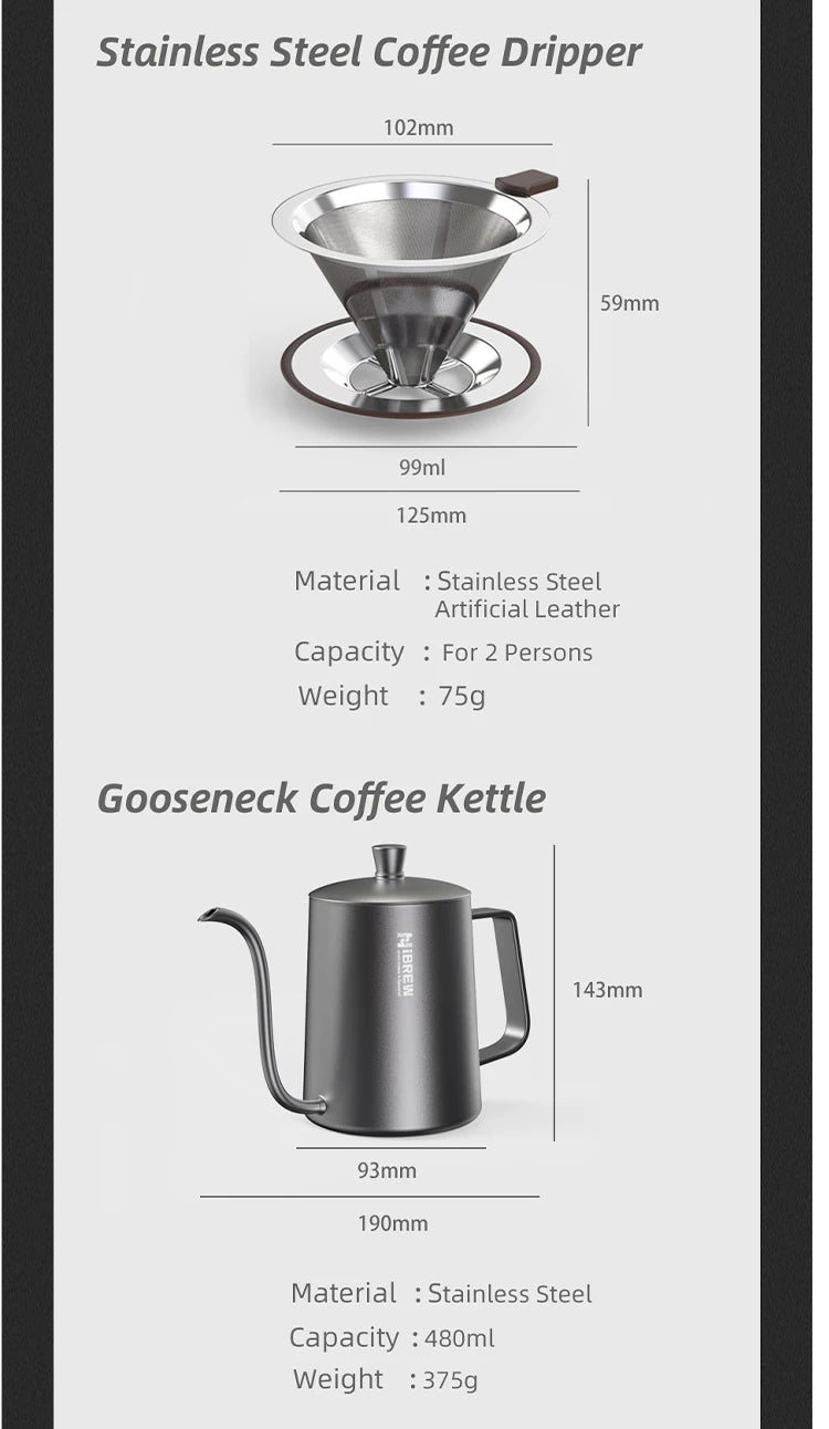 HiBREW Pour Over Coffee Kettles Manual Coffee Grinder Coffee Maker 8 pcs Set