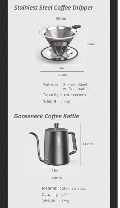 HiBREW Pour Over Coffee Kettles Manual Coffee Grinder Coffee Maker 8 pcs Set