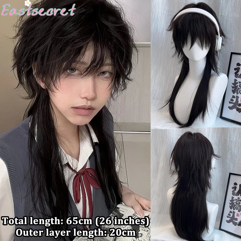 EAST Red Long Straight Synthetic Mullet Head Wig Wolf Tail Layered Fluffy Women and Men Wig for Daily Party Lolita Cosplay