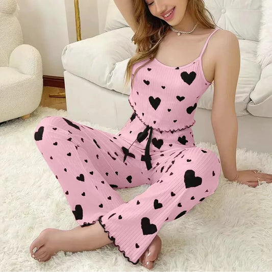 Winter Home Clothes Heart Pattern Strap Vest Women's Sleepwear Two-Piece Set Can Be Worn outside Long Pants warm for Women