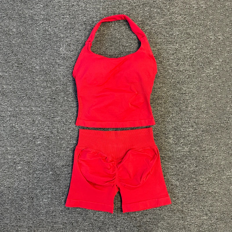 Yoga Gym Set Halter Top Set Yoga Leggings Shorts Set Backless Tights Bra Vest Seamless Stretch Ribbed Buttocks Lift Shorts Set