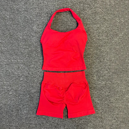 Yoga Gym Set Halter Top Set Yoga Leggings Shorts Set Backless Tights Bra Vest Seamless Stretch Ribbed Buttocks Lift Shorts Set