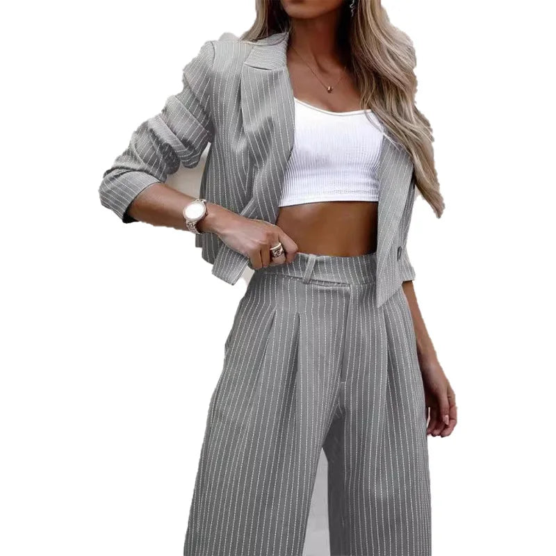 Women's Casual Striped Short Lapel Suit And Straight Pants Suit Conjuntos Femininos Elegantes Women's Pantsuit New Matching Sets