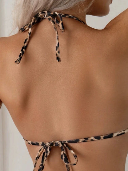 Sexy Bikini 2 Piece Set Drawstring Straps Black Leopard Print Swimsuit For Women 2025 Summer New A Knot On The Chest