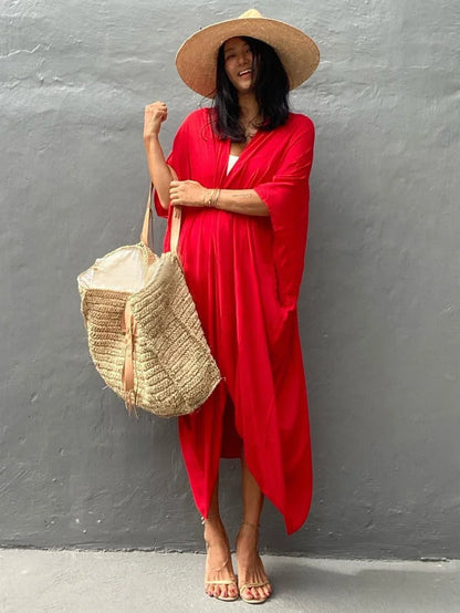 New Boho Beach Kimono Swimwear Women Cotton Holiday Summer Women's Tunic Beachwear Outfits Solid Oversize Cover-Ups