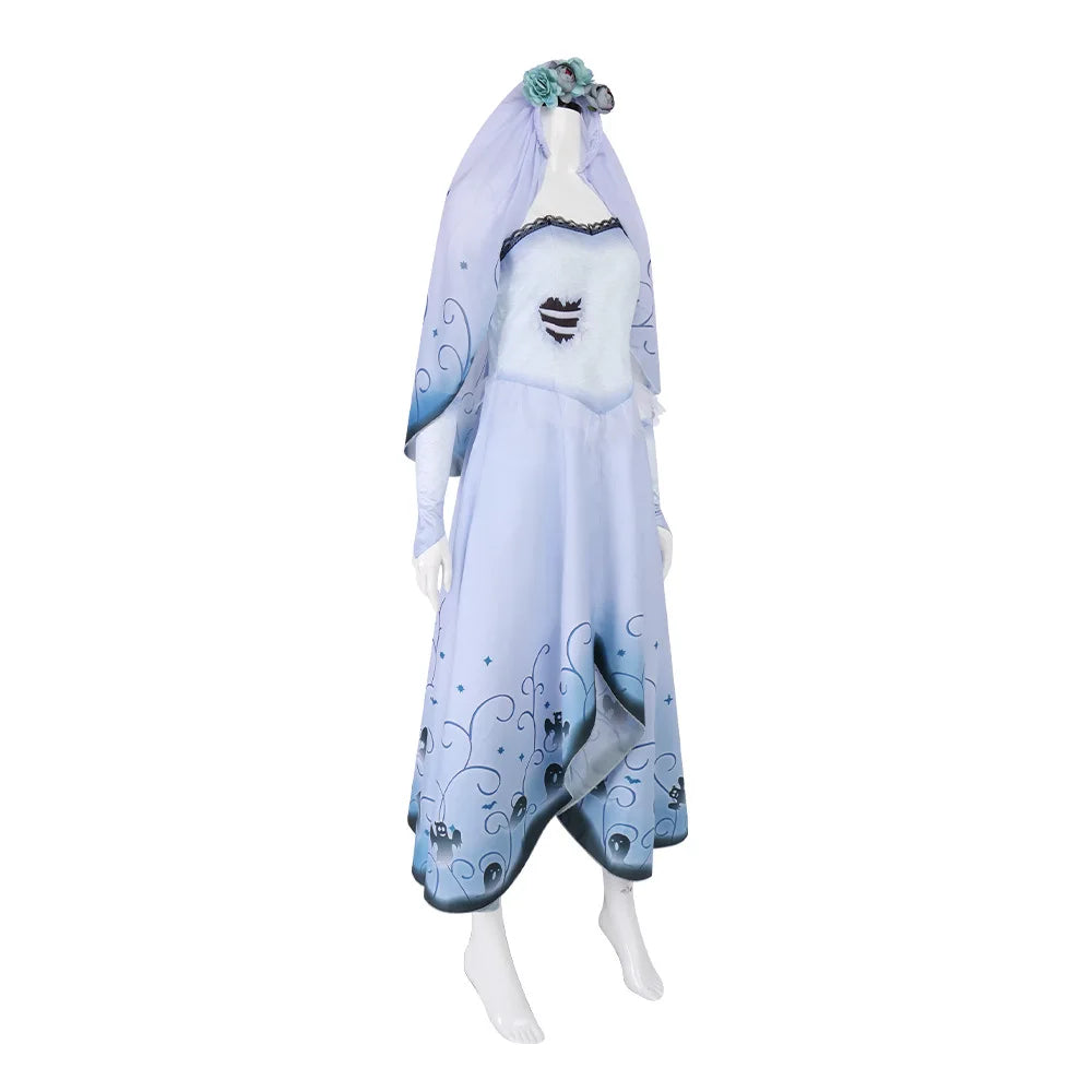 Bride Emily Cosplay Costume Wig Zombie Ghost Emily Blue Printed Dress Gothic Clothing Halloween Party Princess Dress Suit