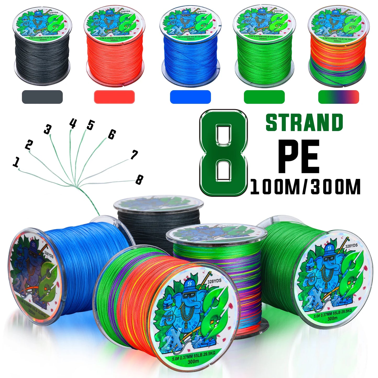 Sougayilang X8 300m Fishing Line 8 Strands Braided Fishing Line Abrasion Resistant Multifilament Carp Fishing Line 16-75LB
