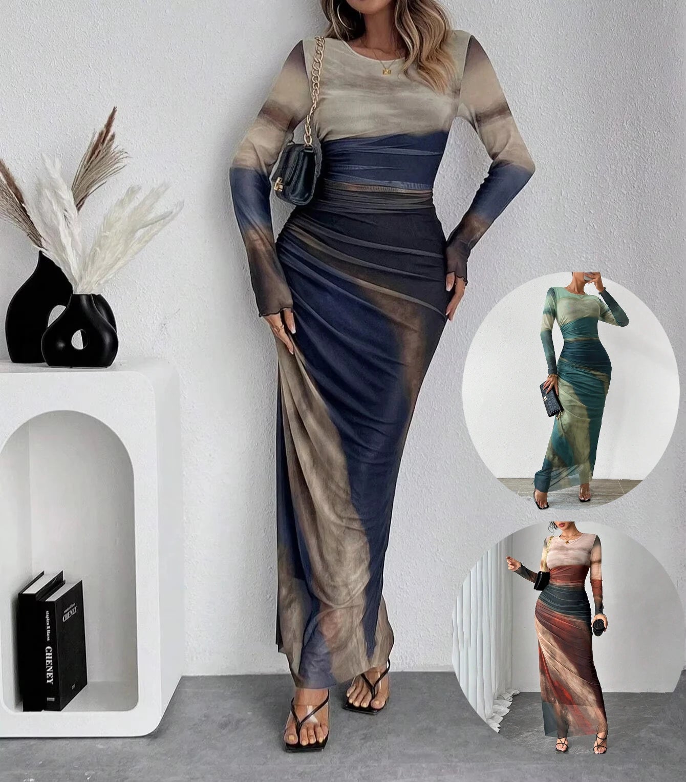 Women's New High Waist Dress Fashion Printed Waist Pleated Design Round Neck Long Sleeves Autumn Dating  Fashion Party Dress