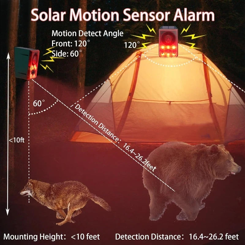 Solar Motion Alarm Lamp 130dB Dog Bark Gunshot Waterproof LED Strobe Light Remote for Garden Farm Chicken Coop Support Recording
